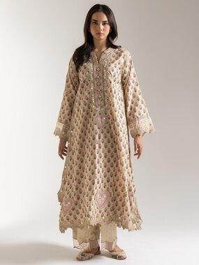 Ethnc brand Embroidered, mirror work Pink & Cream Long Kurta Dress set